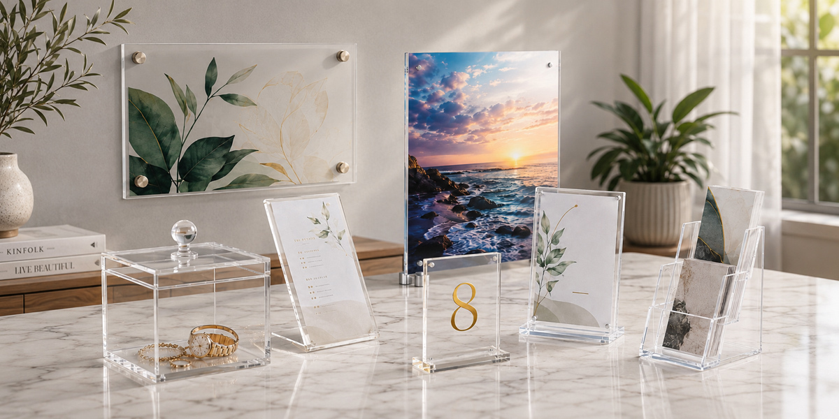 Custom acrylic fabrication products including acrylic signs, display boxes, display stands and printed acrylic panels