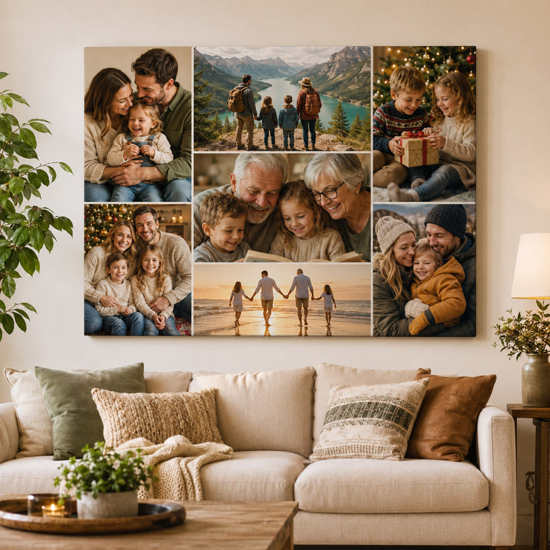 Family photo collage canvas displayed in a living room