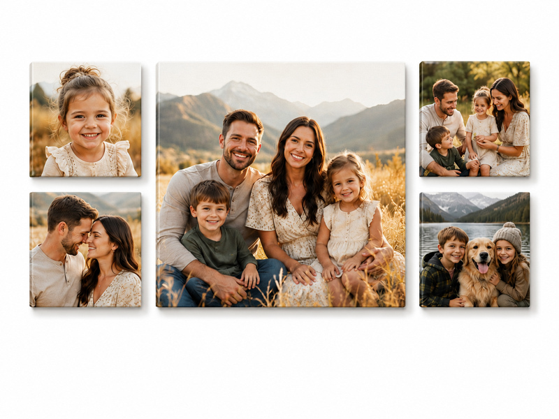 Designer reviewing five photos for a canvas print wall display set of five