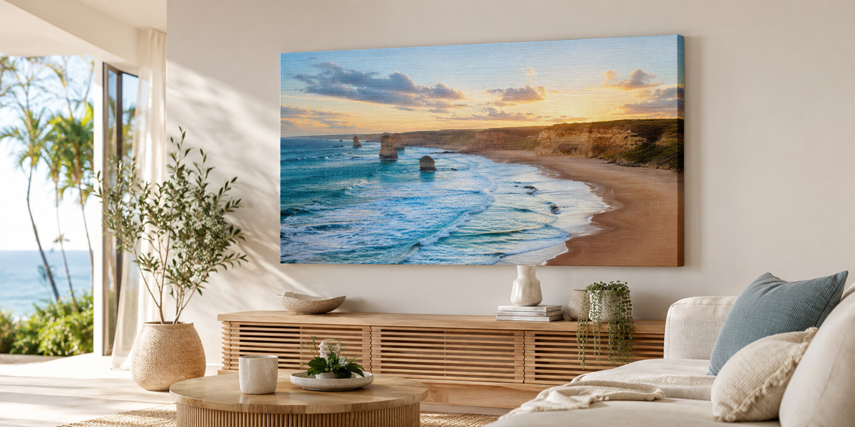 Large canvas prints displayed as living room wall art in Australia