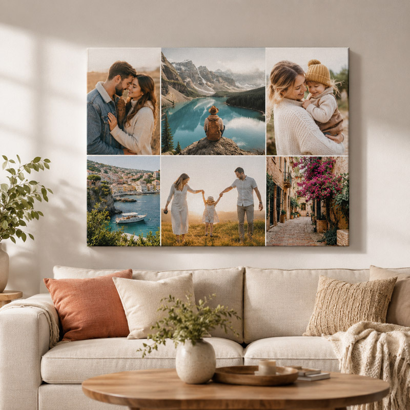 Living room canvas collage displayed above a sofa
