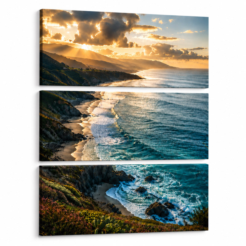One portrait photograph divided across three horizontal stacked canvas panels