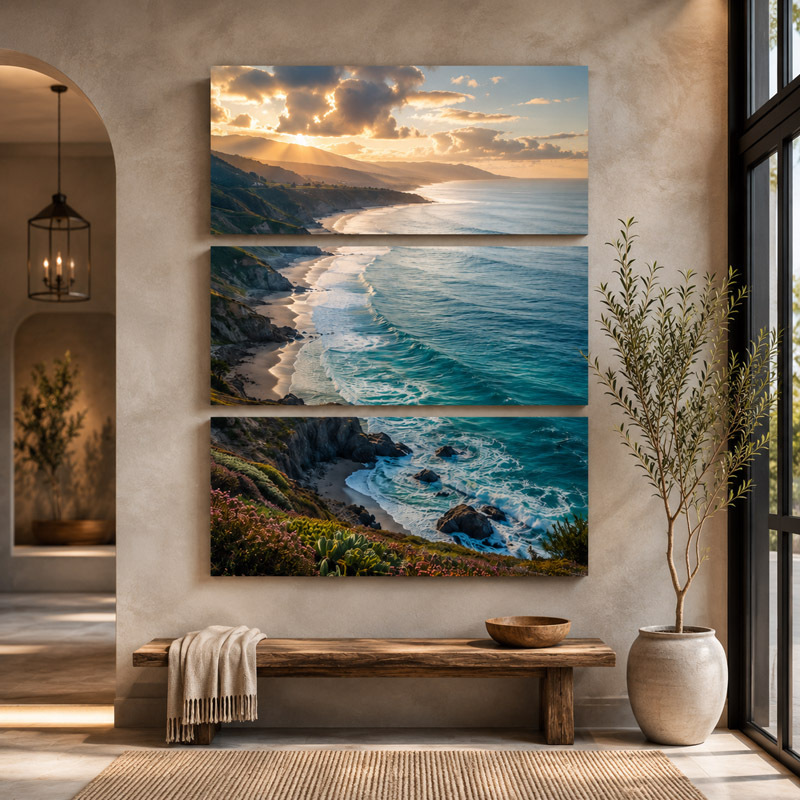 Custom stacked triptych canvas prints displayed vertically on a wall