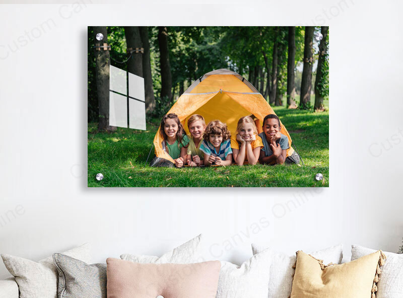 A vibrant acrylic print hanging on a living room wall, showcasing sharp detail and bright colors A vibrant acrylic print hanging on a living room wall, showcasing sharp detail and bright colors
