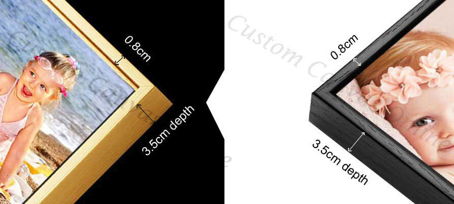Floating frame canvas print showing front view and side thickness for depth and design detail