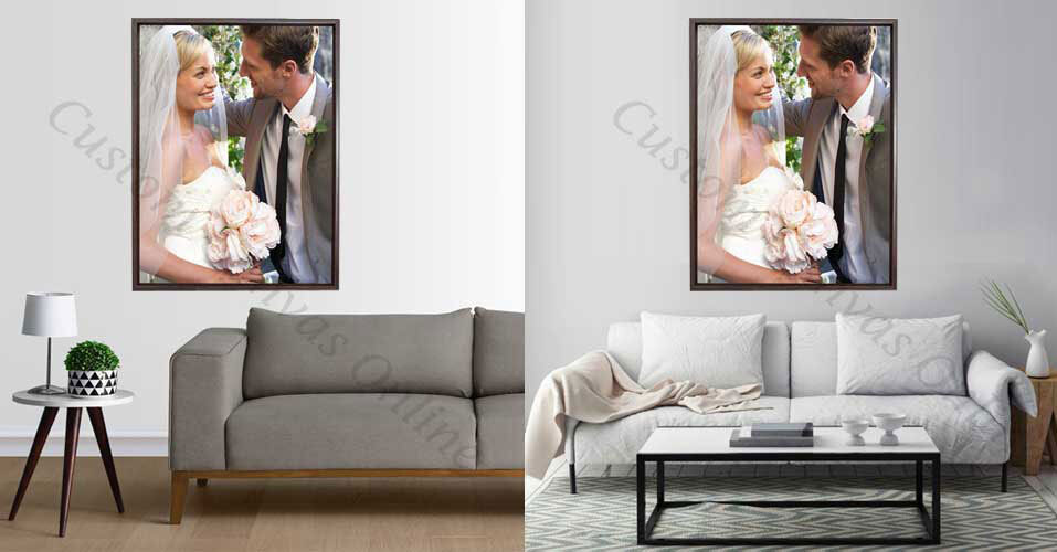 Floating frame canvas prints displayed in home, office, and hotel decor settings