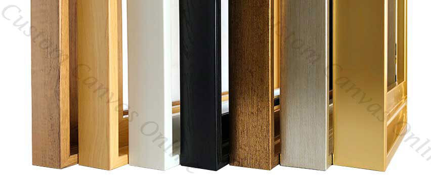Floating frames for canvas prints in multiple colors – black, white, wood, gold, and silver options