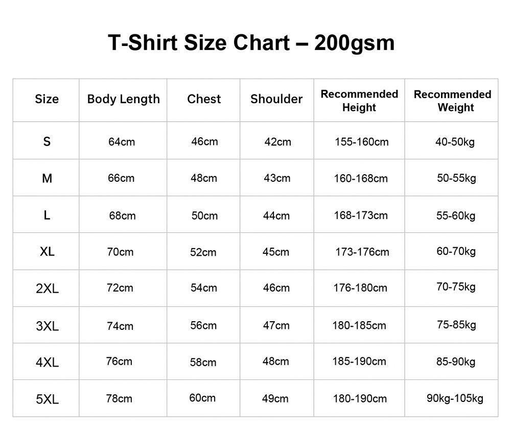 Size Chart 200gsm Custom T-Shirt Printing Size Chart 200gsm Custom T-Shirt Printing