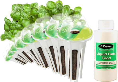 EZ-gro Pesto Basil Seed Pod Kit: 12 pre-seeded hydroponic pods, 4 oz nutrients, and fresh basil.