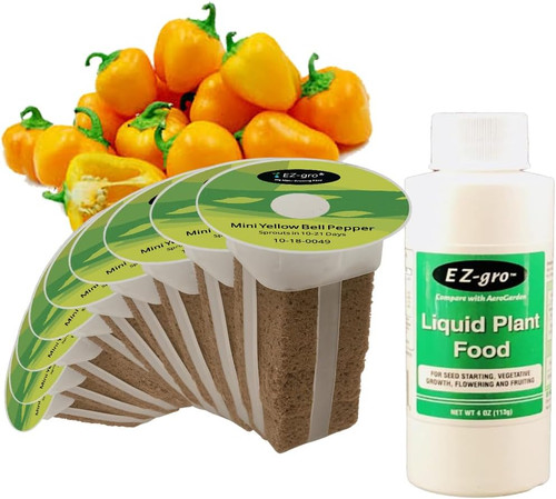 EZ-GRO Mini Yellow Bell Pepper Seed Pod Kit with 9 pre-seeded Oasis substrate sponges, compatible with all hydroponic growing systems, no assembly required.