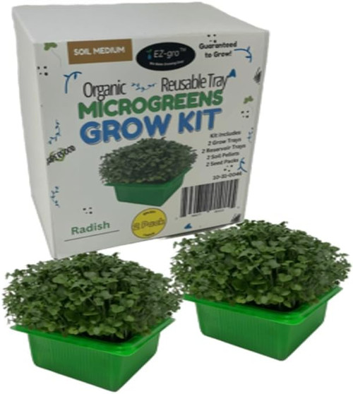 EZ-GRO Radish Microgreens Kit – Two green trays filled with Chia microgreens and trays, soil pellets, seeds