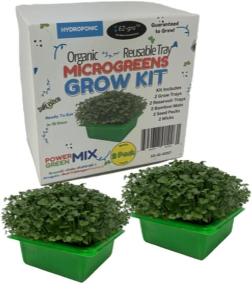 EZ-GRO Power Greens Microgreens Kit – Two green hydro trays filled with microgreens, Bamboo mats, Ready to eat in 12 days