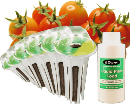 EZ-gro Tiny Tim Dwarf Tomato pre-seeded hydroponic 12-pod kit with OASIS Substrates, nutrients, and domes.