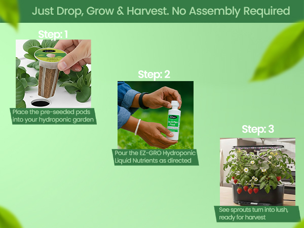EZ-gro Alexandria Strawberry seed 3-pods showing drop, grow, and harvest with no assembly required