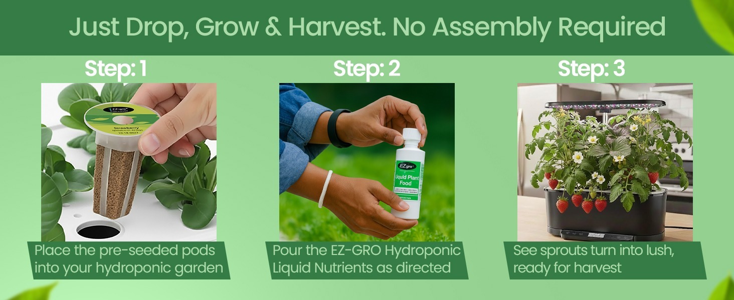 EZ-gro Alexandria strawberry 6-pods showing drop, grow, and harvest with no assembly required