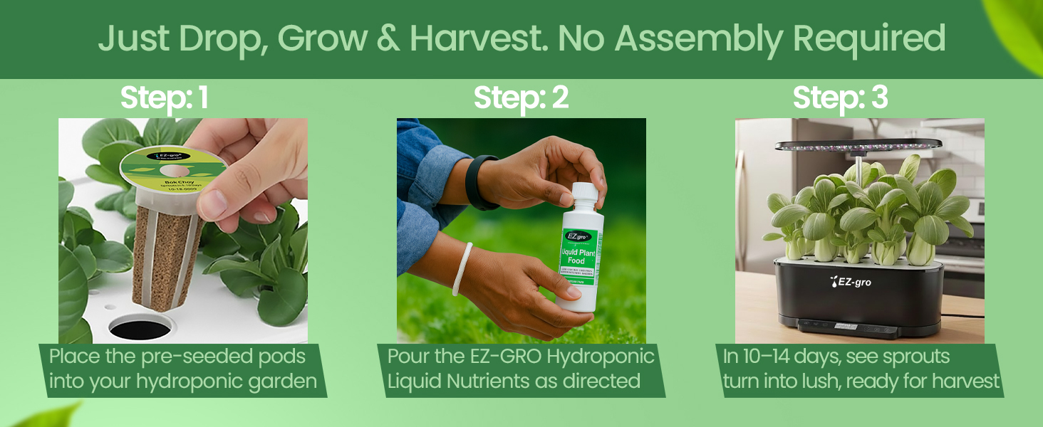Drop, grow, and harvest Salad Green 9-pods with EZ-gro no-assembly-required kit