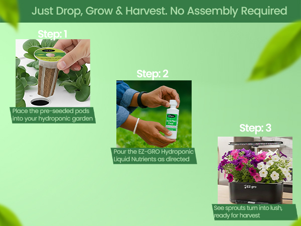 EZ-gro Cascading Petunia seed 6-pods showing drop, grow, and harvest with no assembly required