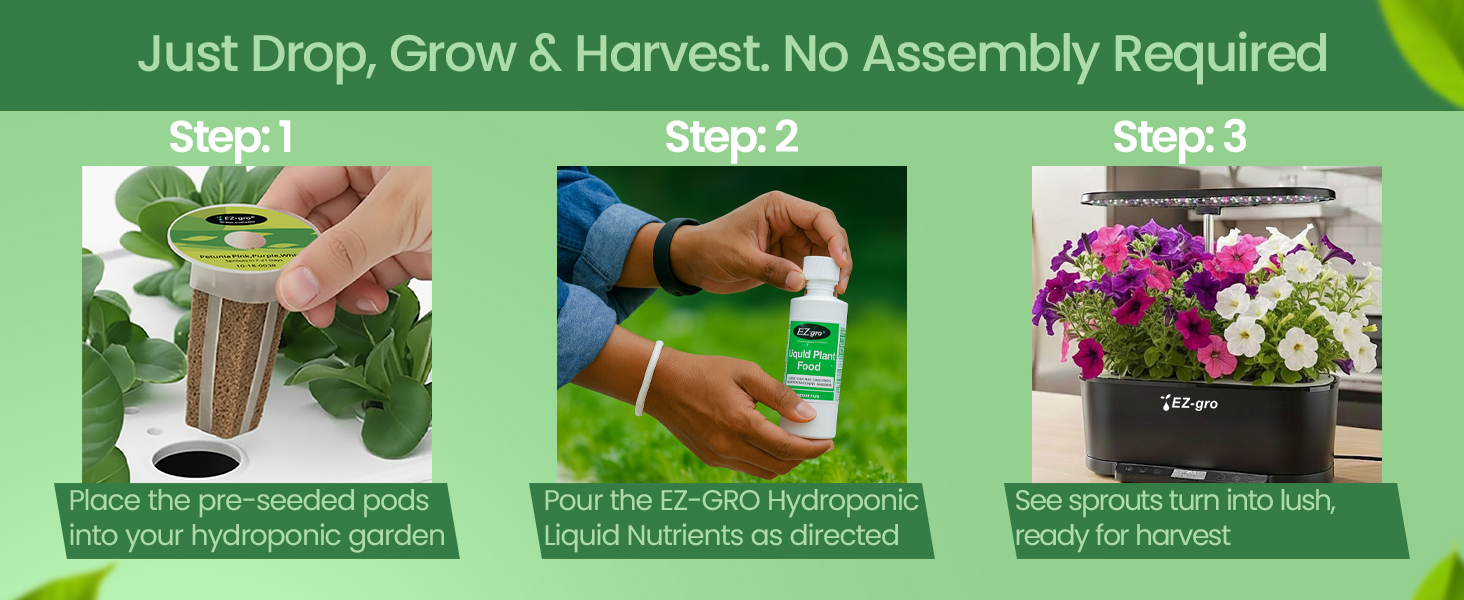 EZ-gro Cascading Petunia seed 6-pods showing drop, grow, and harvest with no assembly required