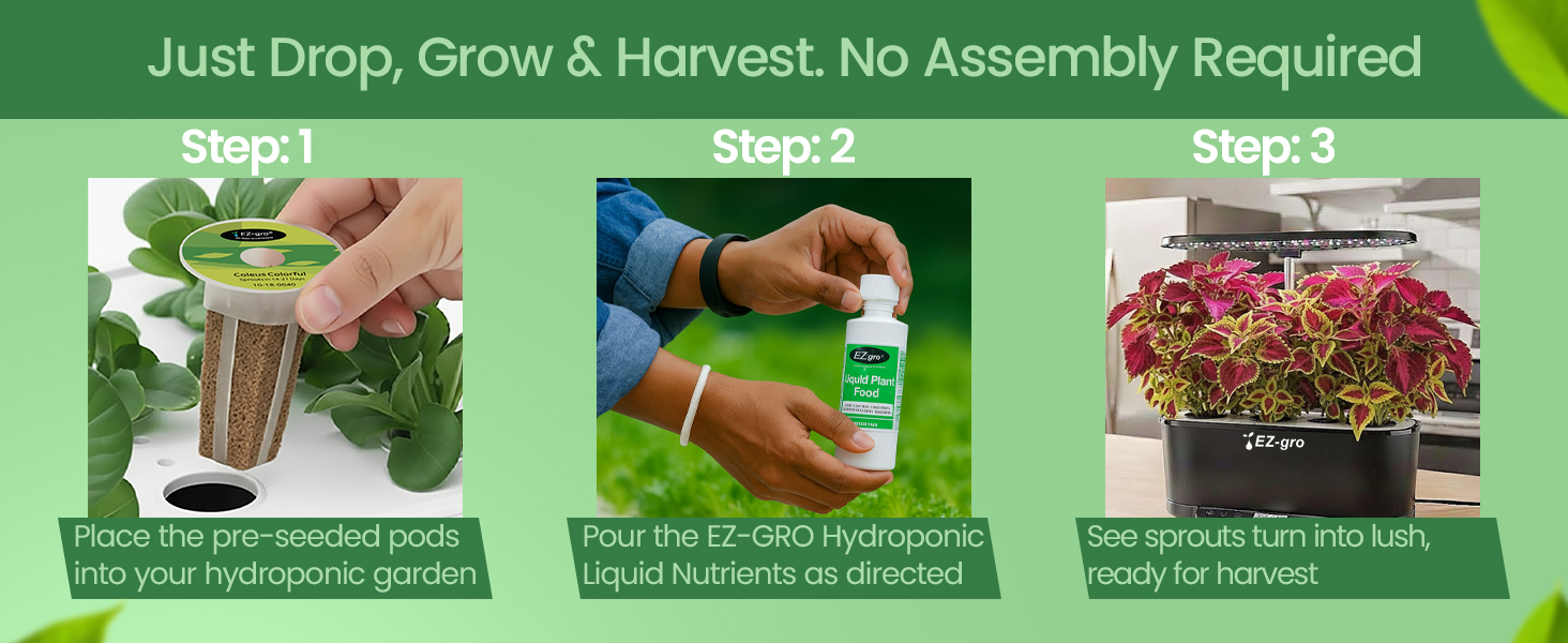 EZ-gro Colorful Coleus drop-in pre-seeded 3-pods showing simple drop, grow, and enjoy hydroponic gardening