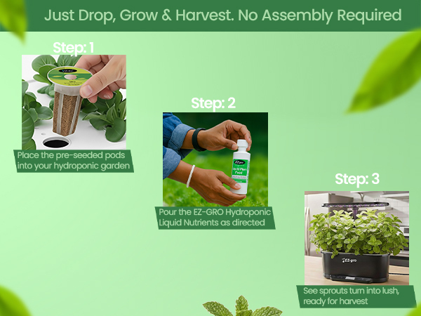 EZ-gro Common Mint seed 3-pods showing drop, grow, and harvest with no assembly required