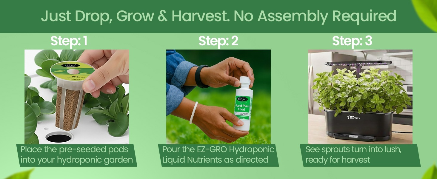 EZ-gro Common Mint seed 6-pods showing drop, grow, and harvest with no assembly required