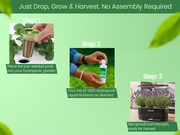 EZ-gro Elegant Lavender seed 3-pods showing drop, grow, and harvest with no assembly required