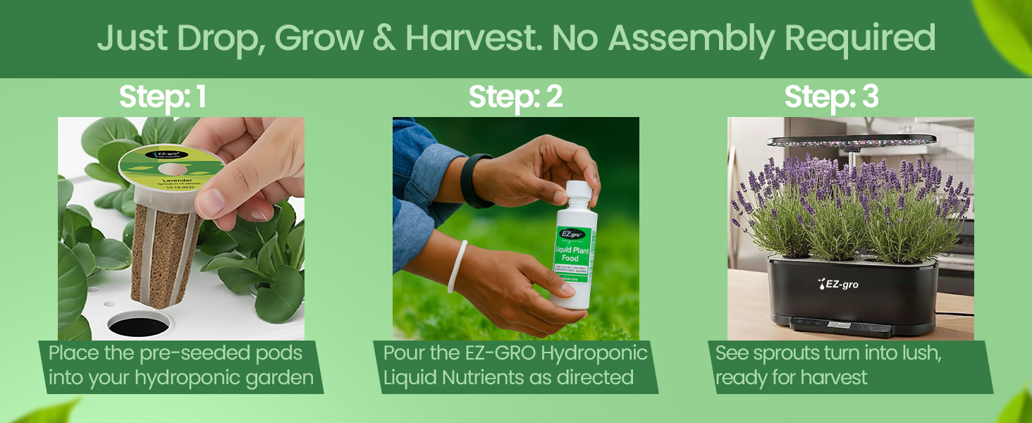 EZ-gro Elegant Lavender seed 6-pods showing drop, grow, and harvest with no assembly required