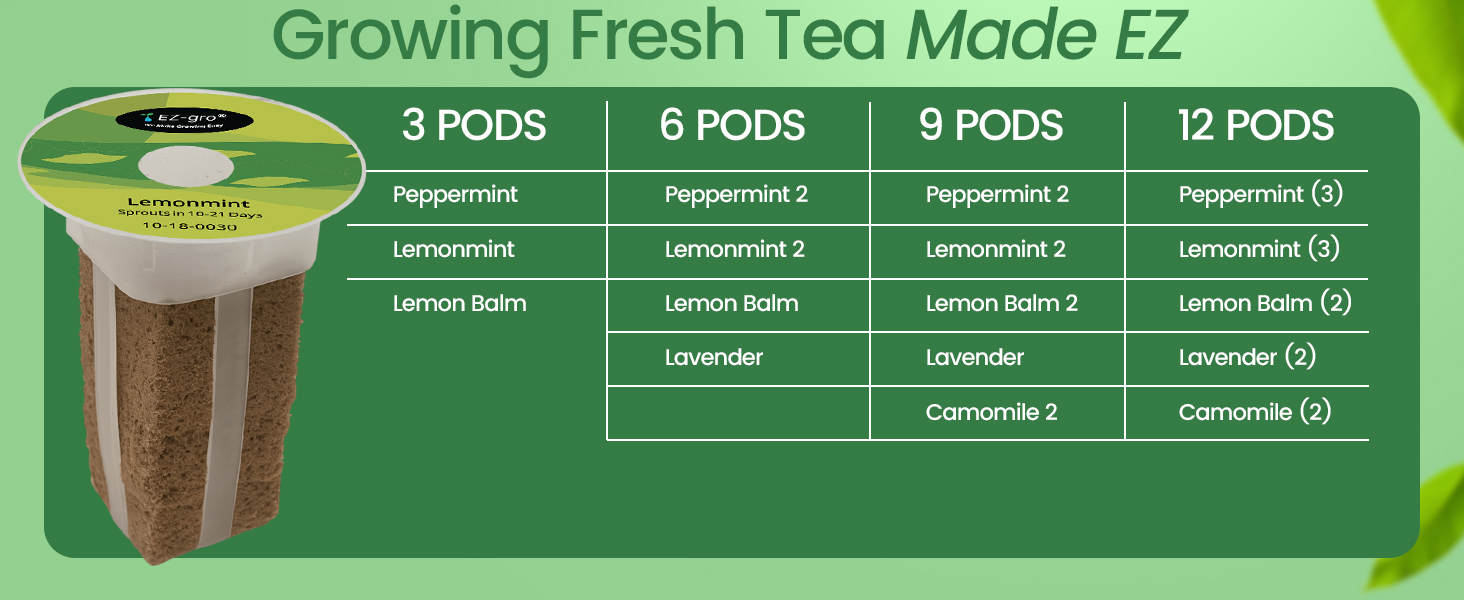 Growing made easy with EZ-GRO Fresh Tea pre-seeded 6-pods for hydroponic systems