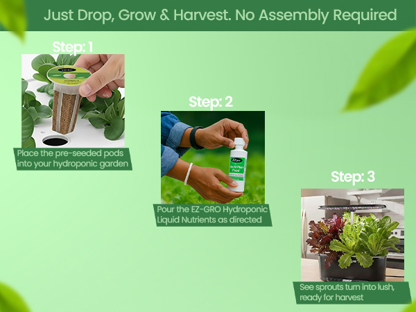 EZ-gro Heirloom Salad Green 9-pods showing easy drop, grow, and harvest hydroponic gardening