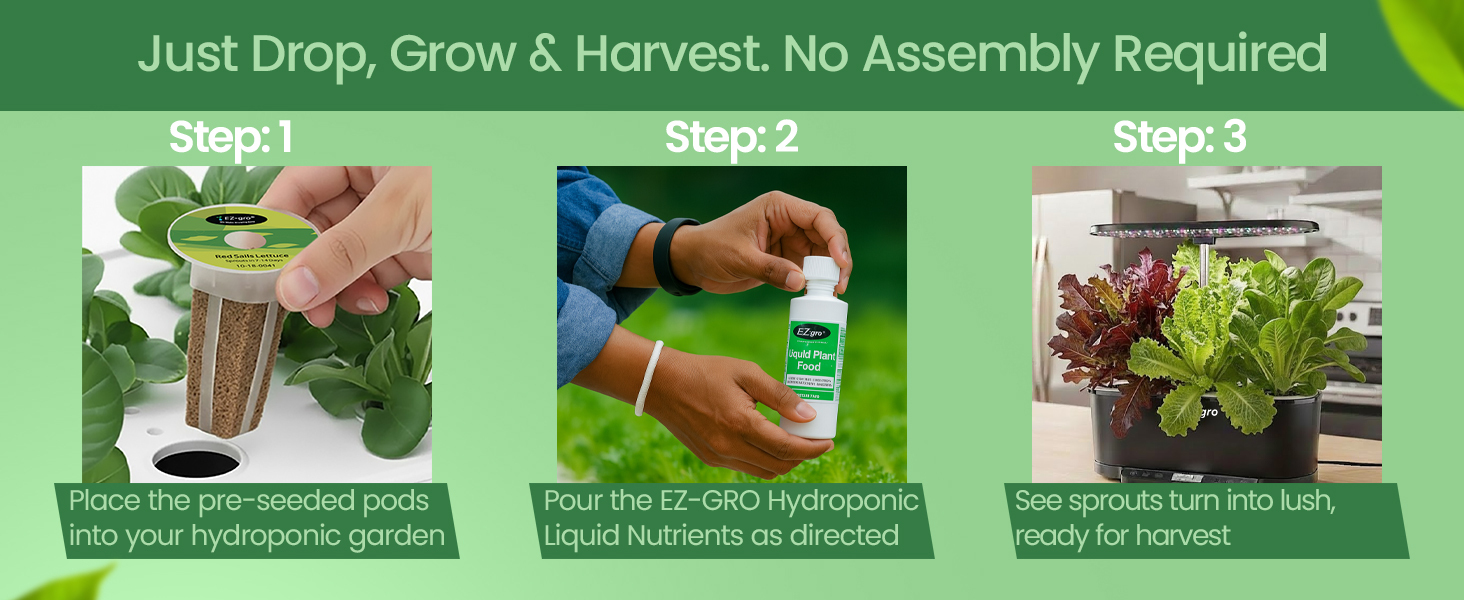 EZ-gro Heirloom Salad Green 3-pods showing easy drop, grow, and harvest hydroponic gardening