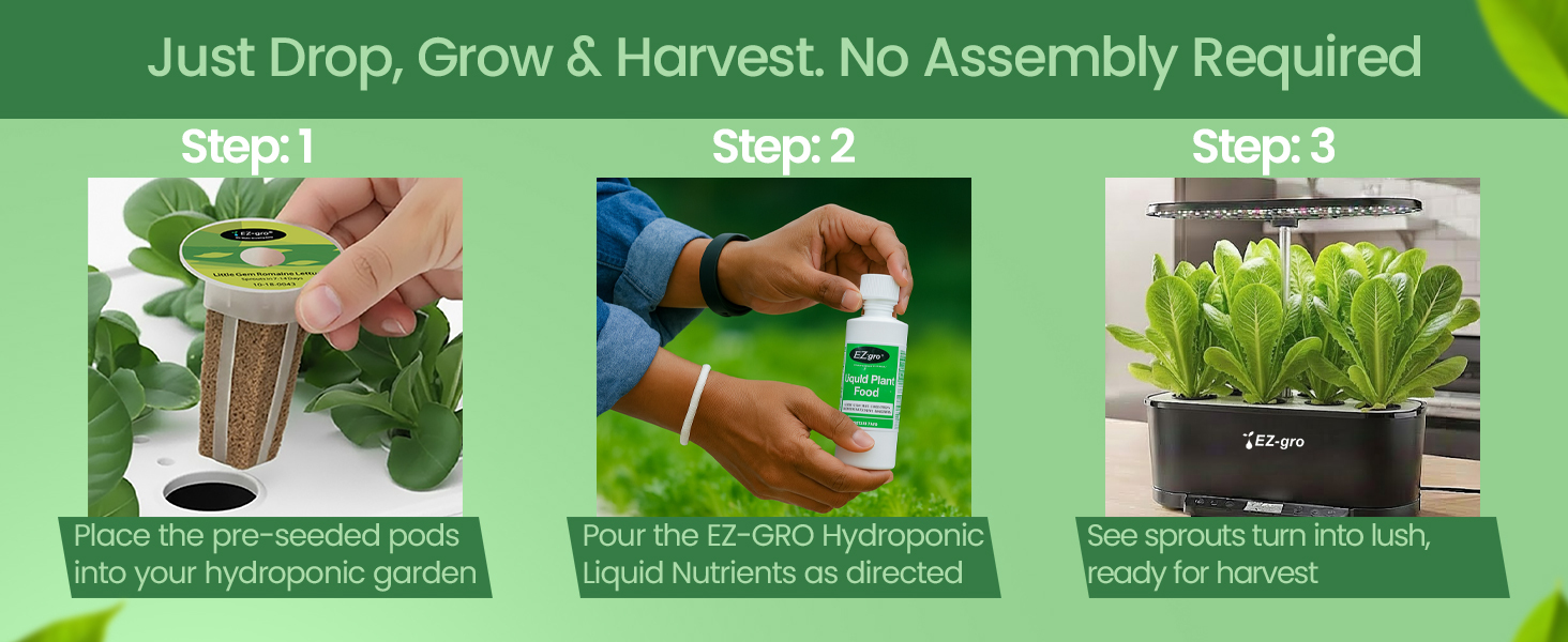 EZ-gro Little Gem Romaine Lettuce 6-pods showing easy drop, grow, and harvest hydroponic gardening