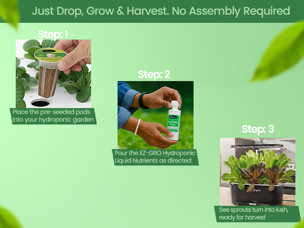 EZ-gro Mini Mix Romaine seed 6-pods showing drop, grow, and harvest with no assembly required