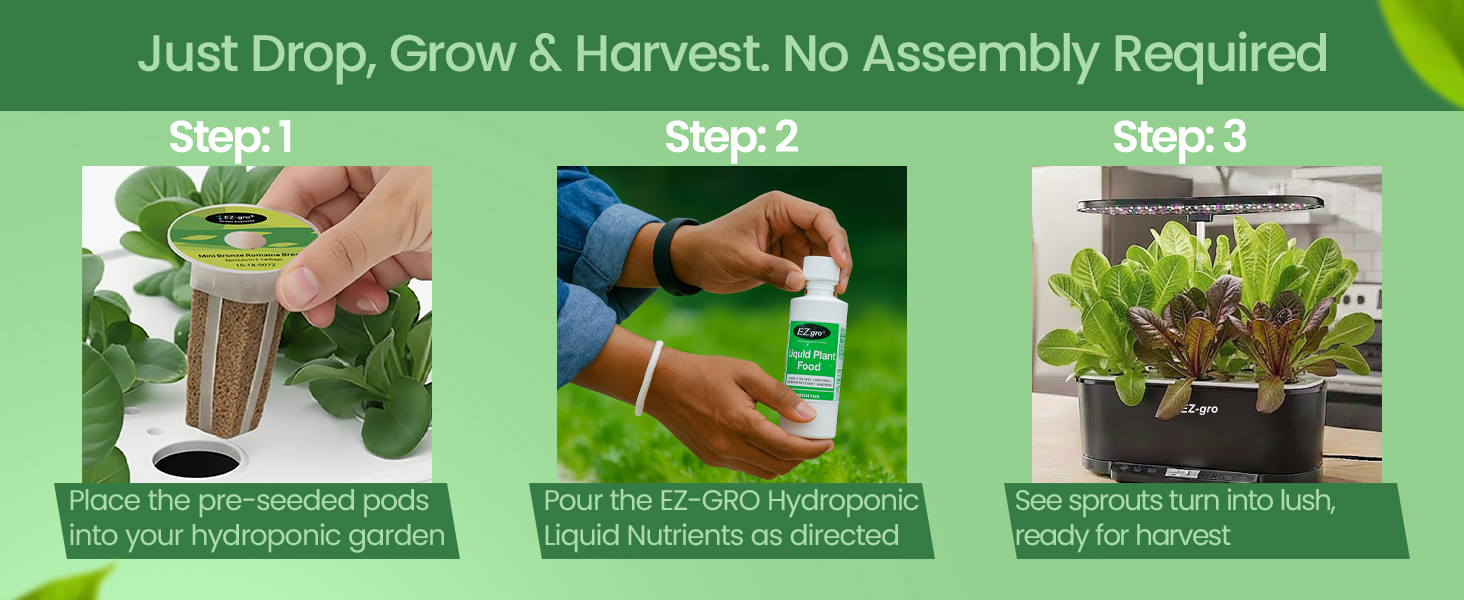 EZ-gro Mini Mix Romaine seed 6-pods showing drop, grow, and harvest with no assembly required