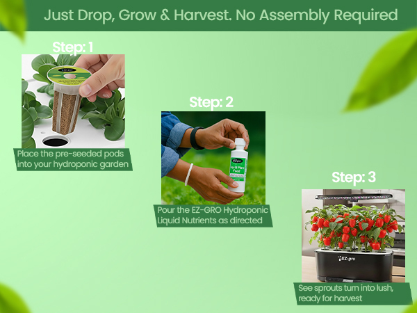 EZ-gro Mini Red Bell Pepper 3-pod kit showing easy drop, grow, and harvest water gardening