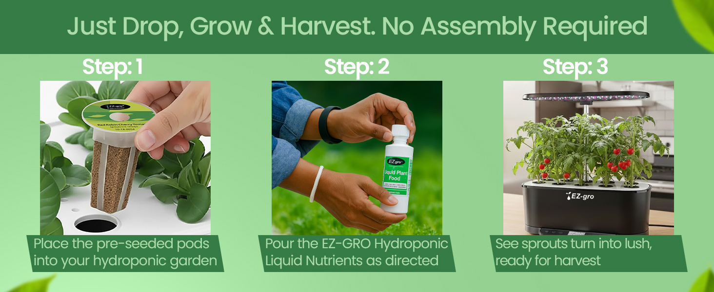 EZ-gro Red Robin Cherry Tomato 3-pods showing easy drop, grow, and harvest hydroponic gardening