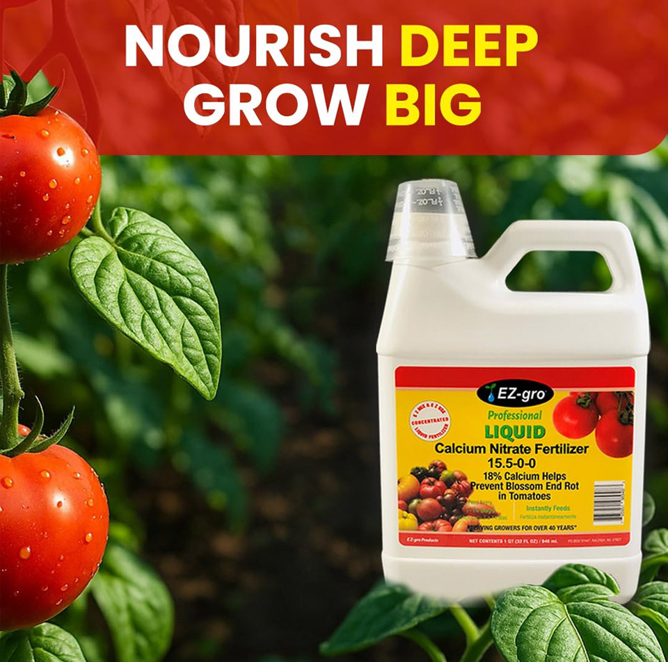 EZ-GRO Calcium Nitrate Fertilizer Bottle in Garden – Nourishes Tomato Plants to Prevent Blossom End Rot