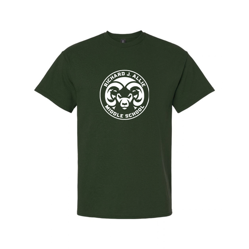 White graphic on forest green