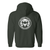 White graphic on forest green