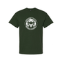 White graphic on forest green