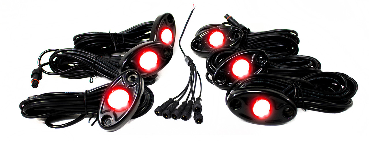 6 LED Glow Pod Kit w/ Brain Box IP68 12V w/ All Hardware Red Race Sport Lighting