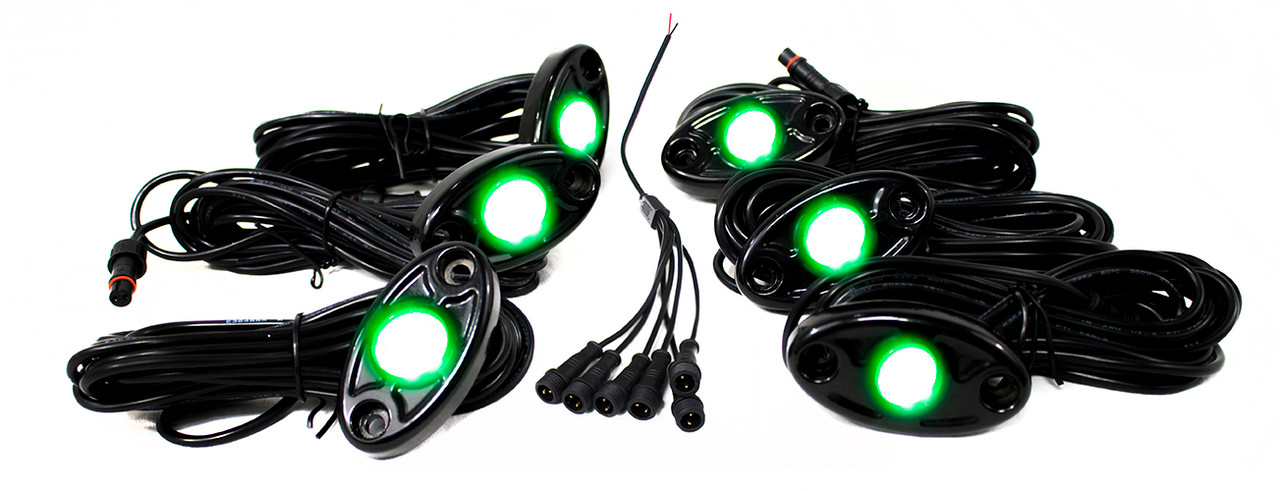 6 LED Glow Pod Kit w/ Brain Box IP68 12V w/ All Hardware Green Race Sport Lighting