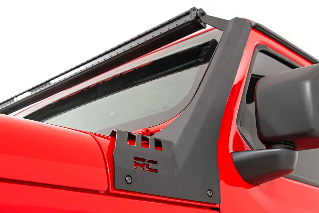 Jeep 50-Inch Straight LED Light Bar Upper Windshield Kit w/ Dual-Row Black Series LED White DRL 2020 Gladiator JT, 18-20 Wrangler JL Rough Country