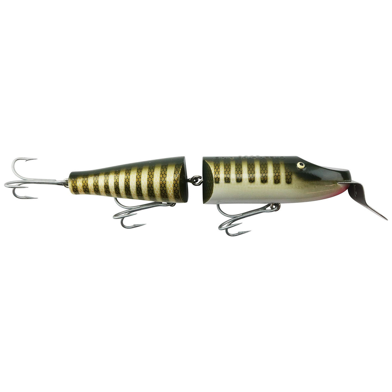 Old CREEK CHUB WOOD PIKIE, 8, Black, vertical striping.