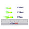Team Crappie Slab Caller Jigs color Parrot Head in sizes 1/32 oz., 1/16 oz. and 1/8 oz. with FishUSA ruler for size comparison