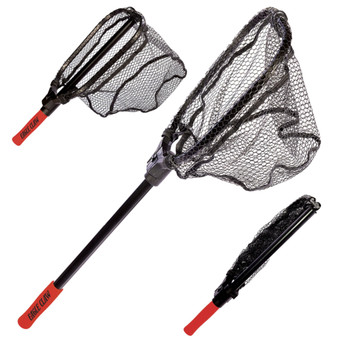Eagle Claw Folding Landing Net (L-R) collapsed length, fully extended length, and collapsed net with collapsed handle