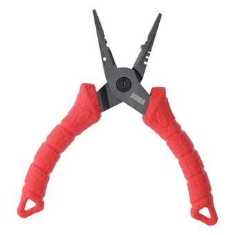 Bubba Blade Forged Fishing Pliers 6 inch with non-slip grip, spring-loaded design, and line cutters, includes sheath