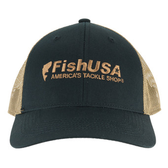 FishUSA Kodiak Trucker Hat, front view with black panels and gold mesh.