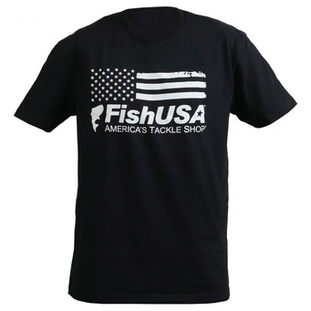 FishUSA Black Ops T-Shirt with America's Tackle Shop flag logo across chest