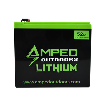 Amped 14.8V 52Ah Outdoors Lithium Bluetooth Battery with 6A Charger, compact and lightweight for fishing electronics.