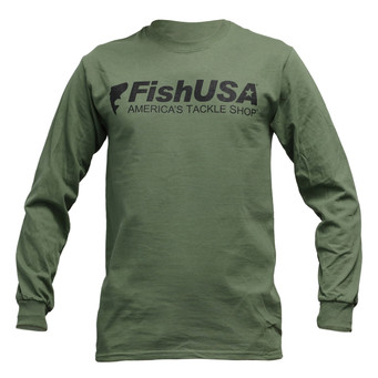 FishUSA Covert Long Sleeve T-Shirt in Military Green with front logo print, full front view